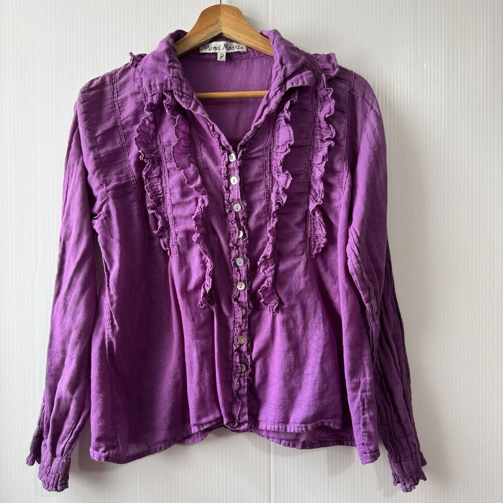 JP and Mattie Button Up Peasant Blouse Women's Sz P  Purple Ruffle Boho Cotton